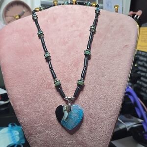 Blue Heart Pendant Necklace with Black Beaded Chain